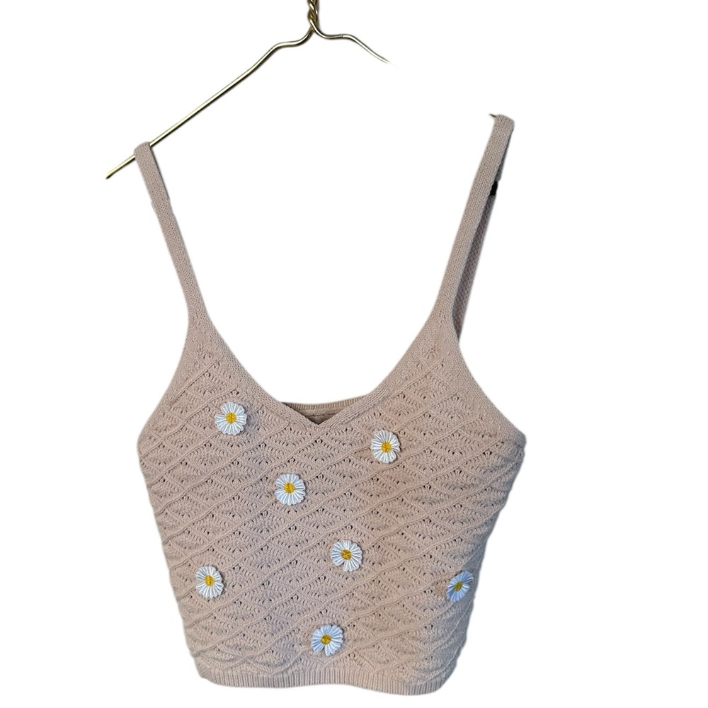 Sweet Republic Daisy Embroidered Knit Tank Top - Tan